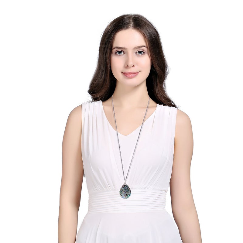 sedmart Wire Wrapped Abalone Teardrop Necklace - Handmade Silver Abalone Shell Water Drop Tree of Life Pendent Jewelry for Women - Image 2